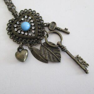 Boho Necklace Puffy Heart Skeleton Keys Aero 1987